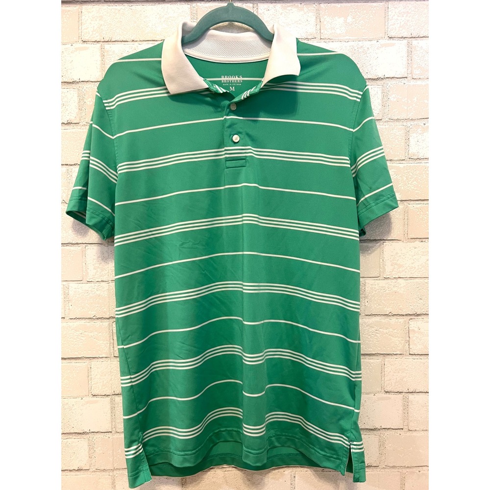 Brooks Brothers Mens Green Striped Short Sleeve Polo Shirt White Collar Medium